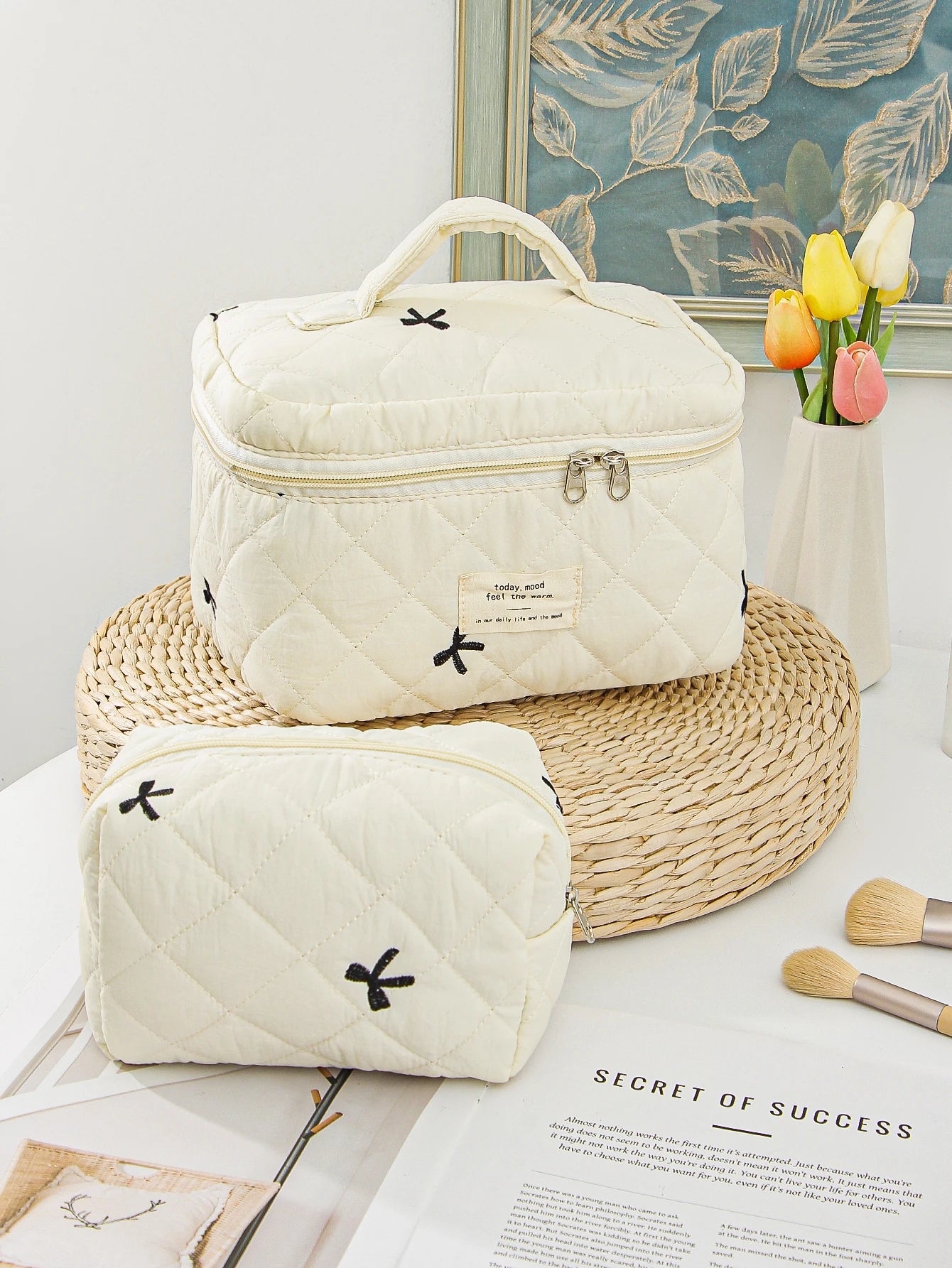 Beige Bow Makeup Bag