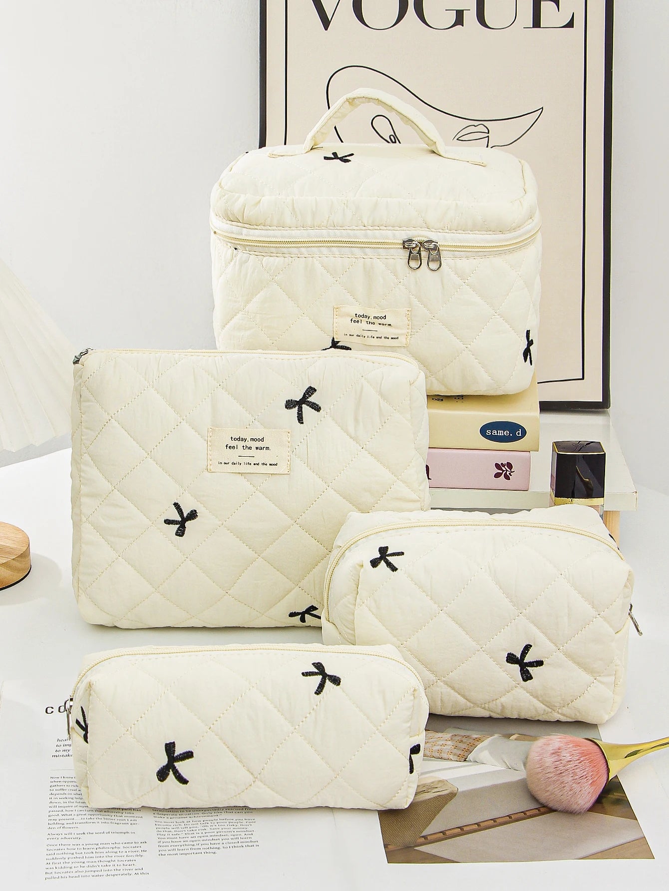 Beige Bow Makeup Bag