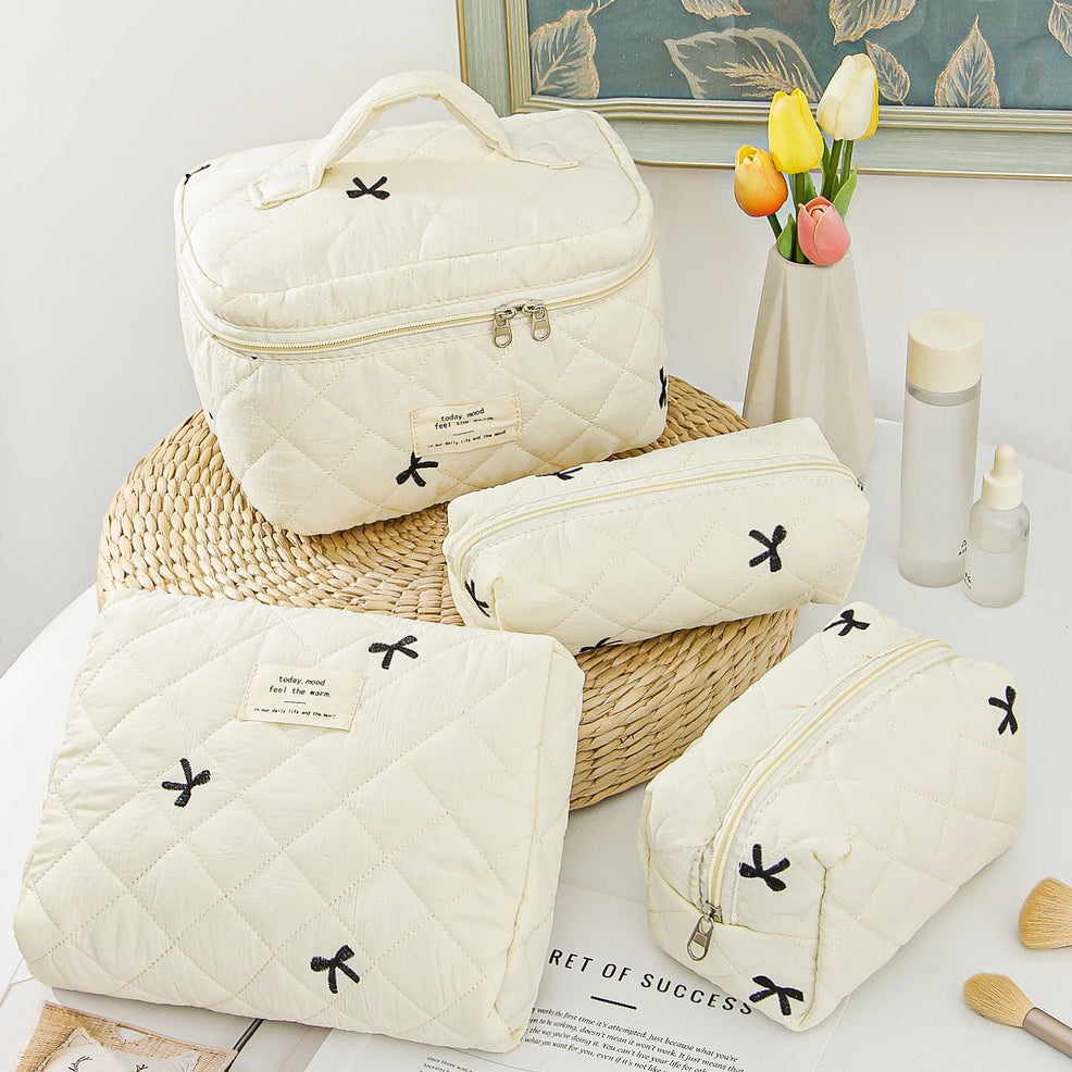 Beige Bow Makeup Bag