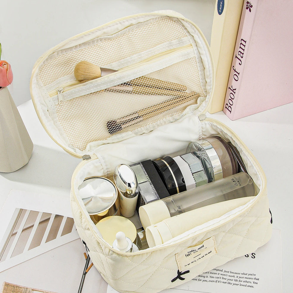 Beige Bow Makeup Bag