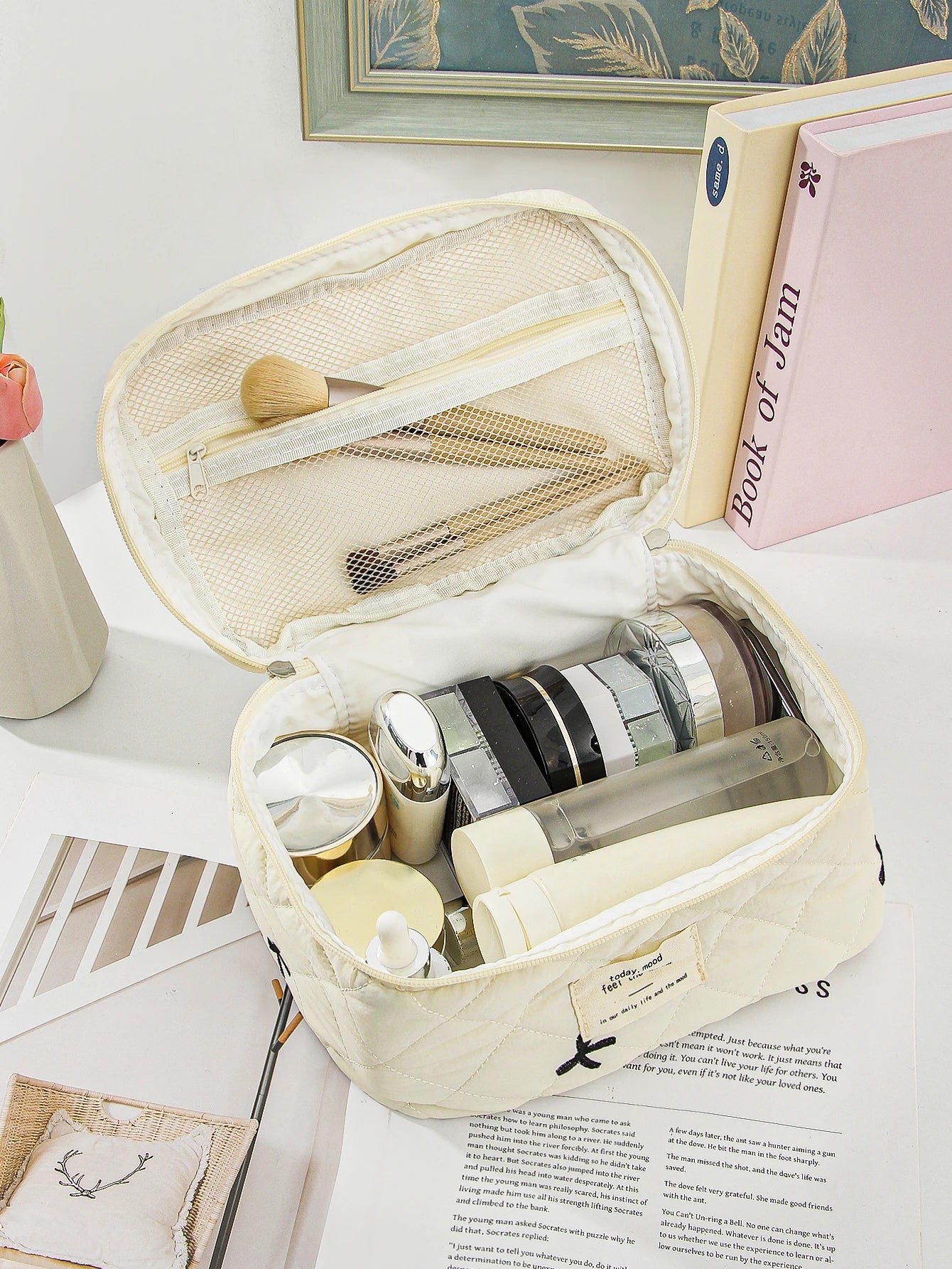 Beige Bow Makeup Bag