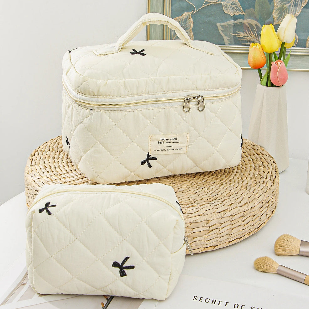 Beige Bow Makeup Bag