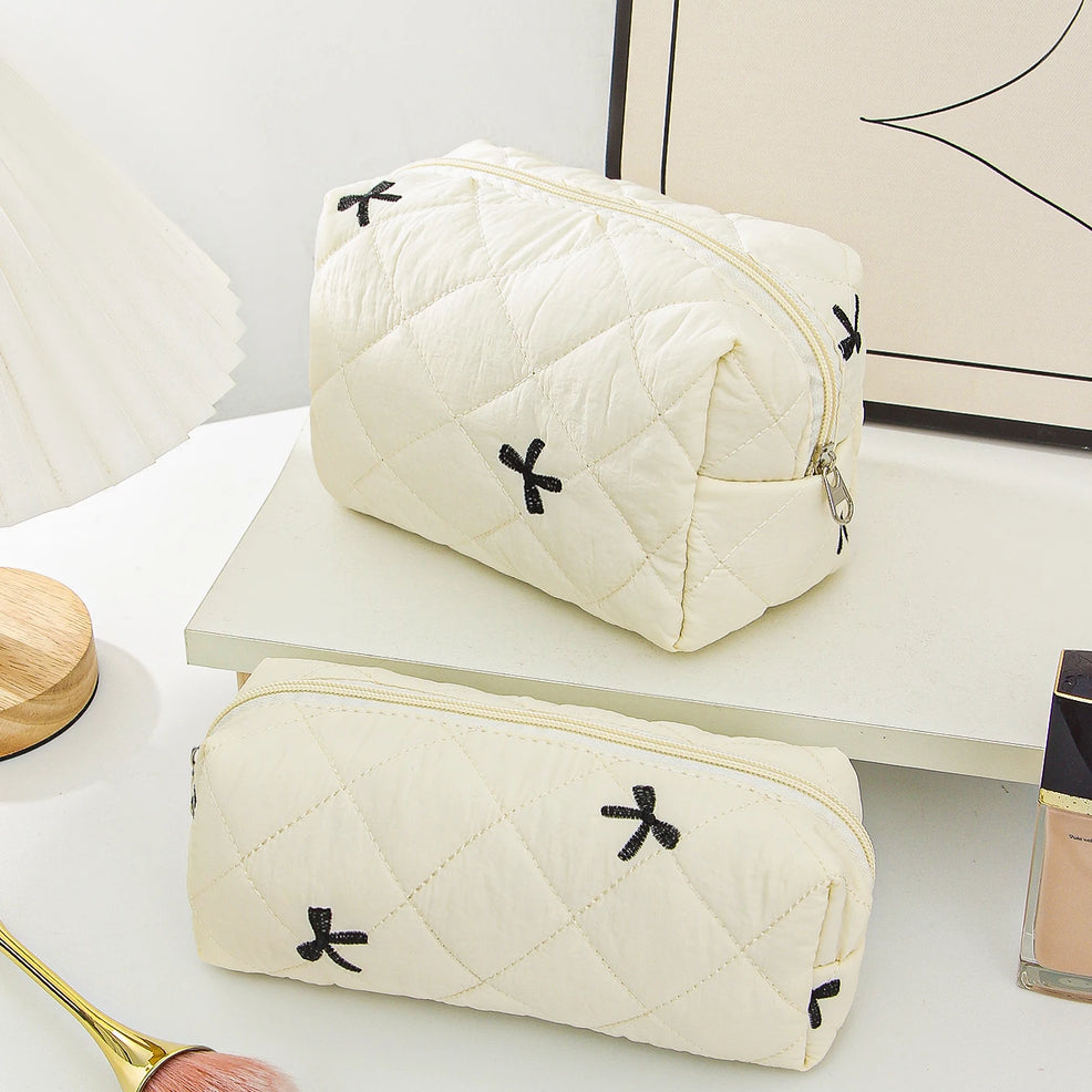 Beige Bow Makeup Bag