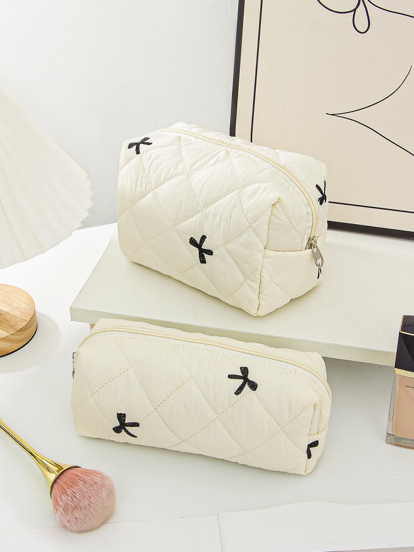 Beige Bow Makeup Bag