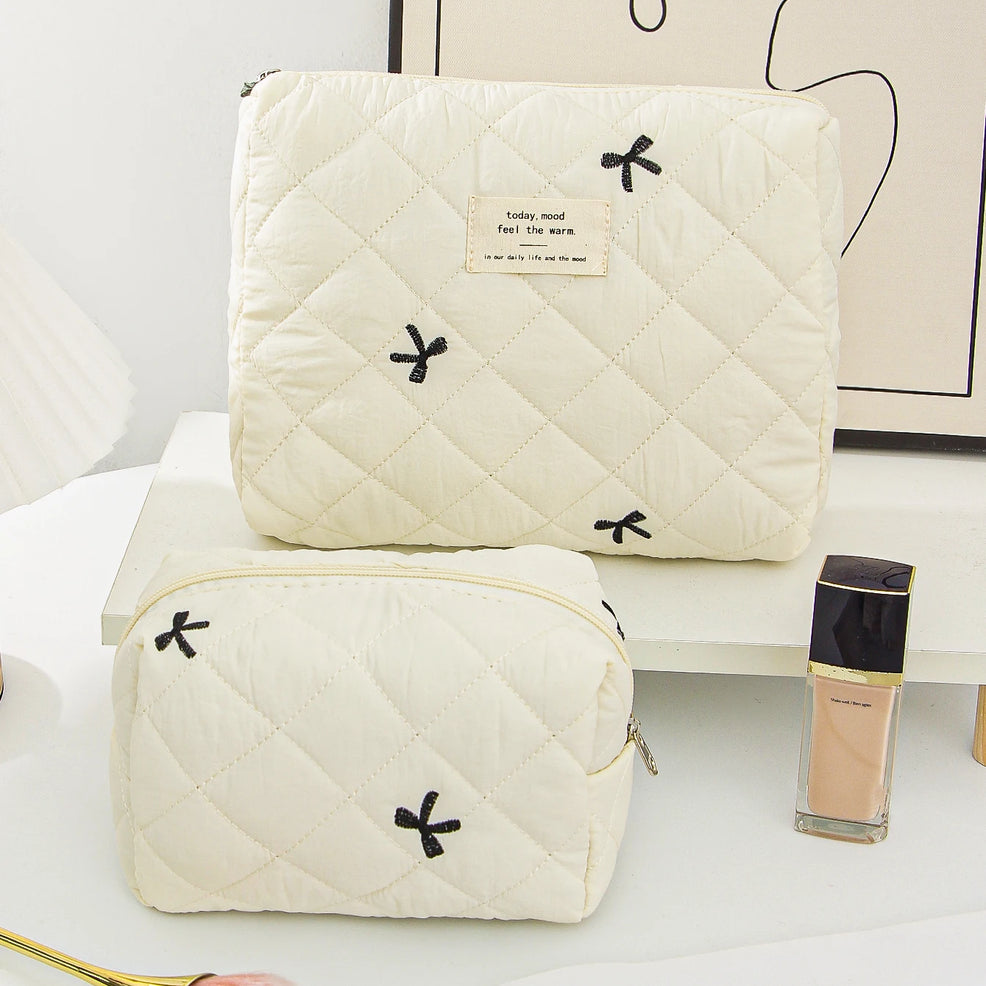 Beige Bow Makeup Bag