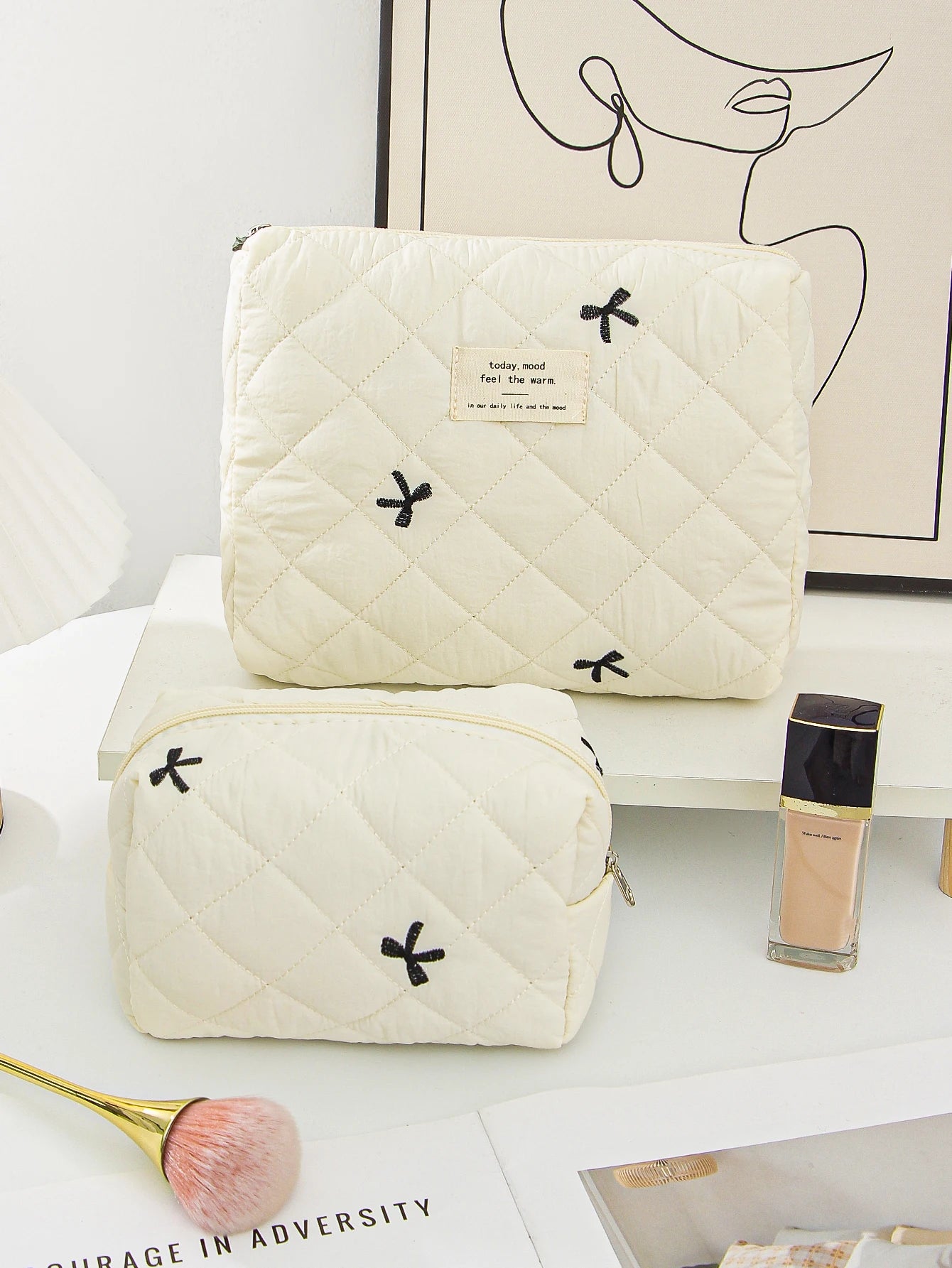 Beige Bow Makeup Bag